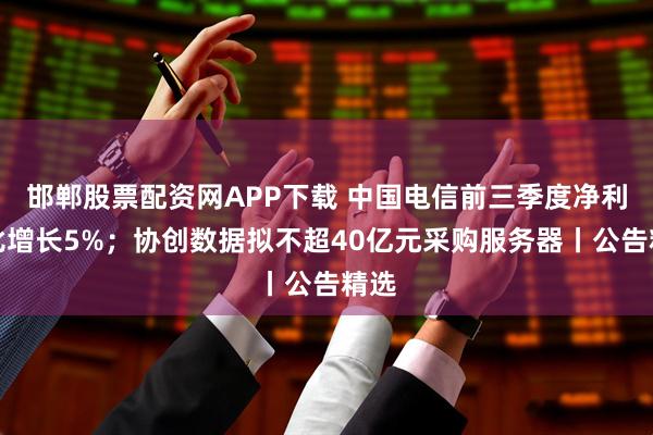 邯郸股票配资网APP下载 中国电信前三季度净利同比增长5%；协创数据拟不超40亿元采购服务器丨公告精选